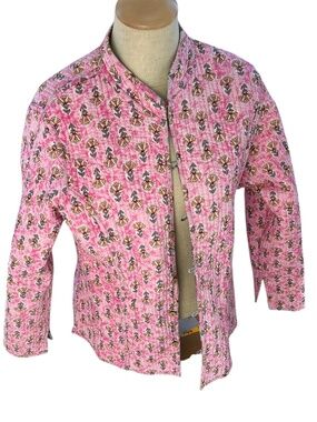 India Block Printed pink aqua floral quilted cotton reversible jacket M